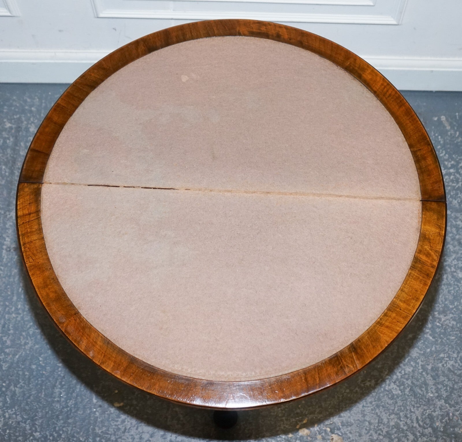 ANTIQUE BURR WALNUT DEMI LUNE CARD GAMES SIDE OCCASIONAL TABLE