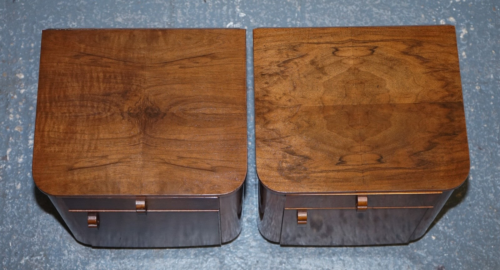 PAIR OF 1930'S ART DECO BURR WALNUT BEDSIDE TABLES NIGHTSTANDS DRAWER & CUPBOARD