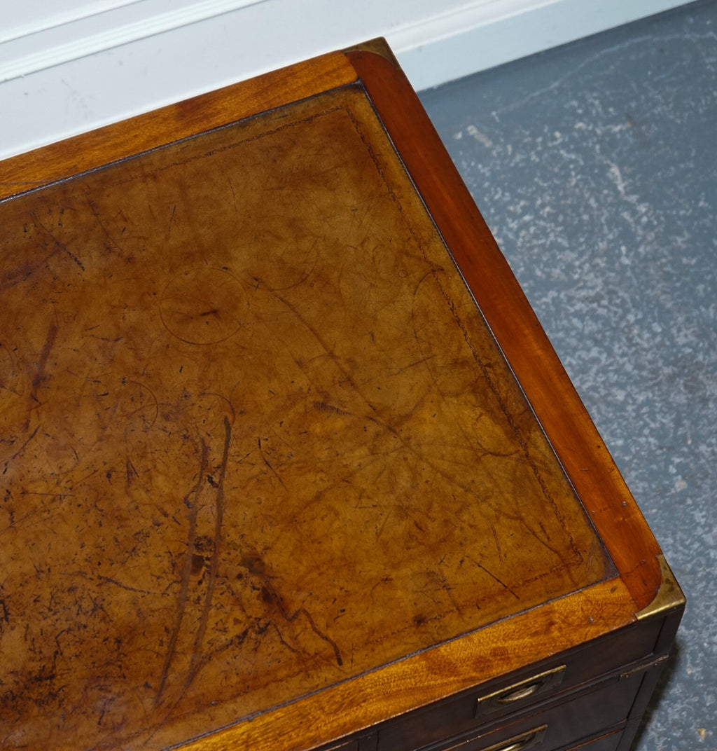 FULLY RESTORED BEVAN FUNNELL MILITARY CAMPAIGN TWIN PEDESTAL DESK BROWN LEATHER
