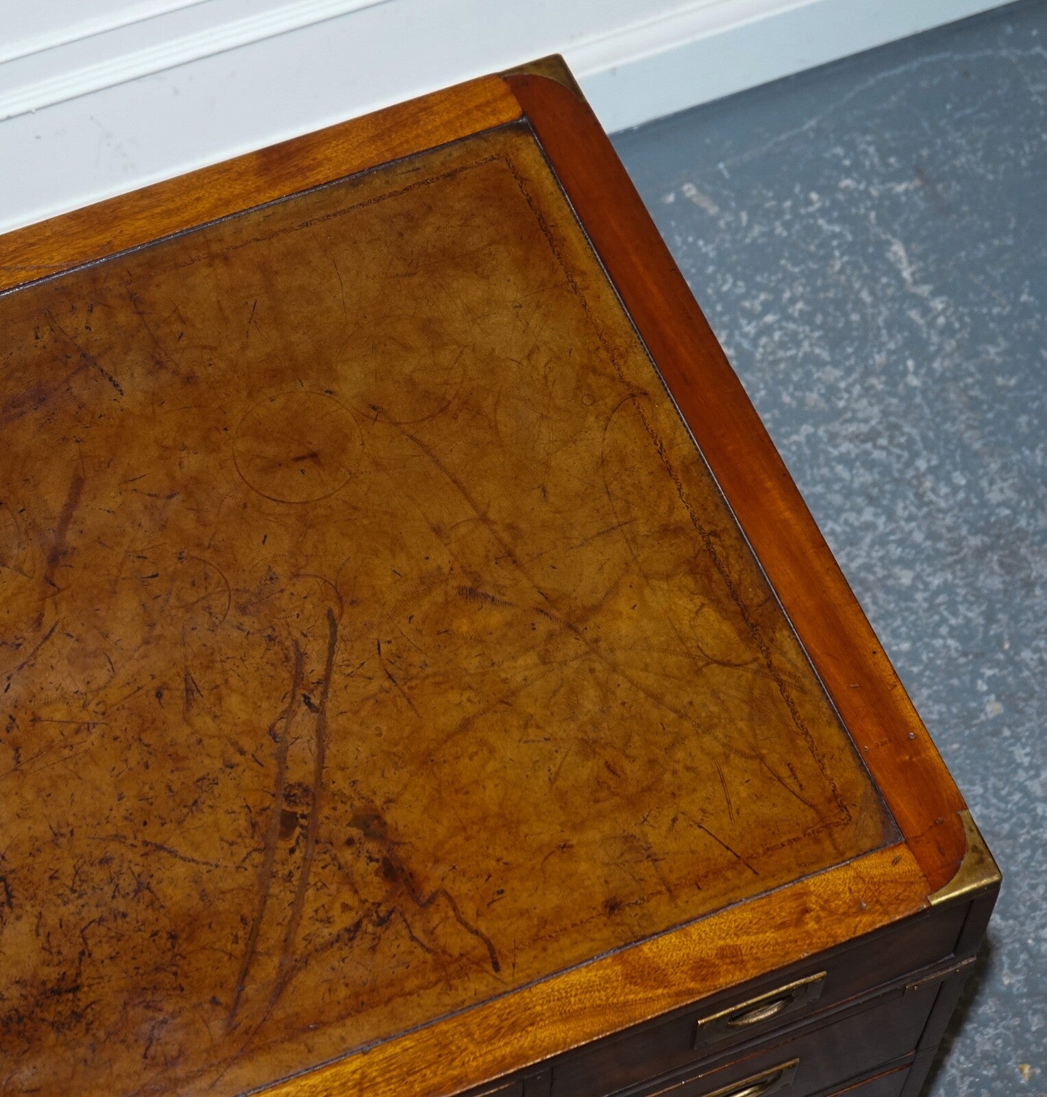 FULLY RESTORED BEVAN FUNNELL MILITARY CAMPAIGN TWIN PEDESTAL DESK BROWN LEATHER