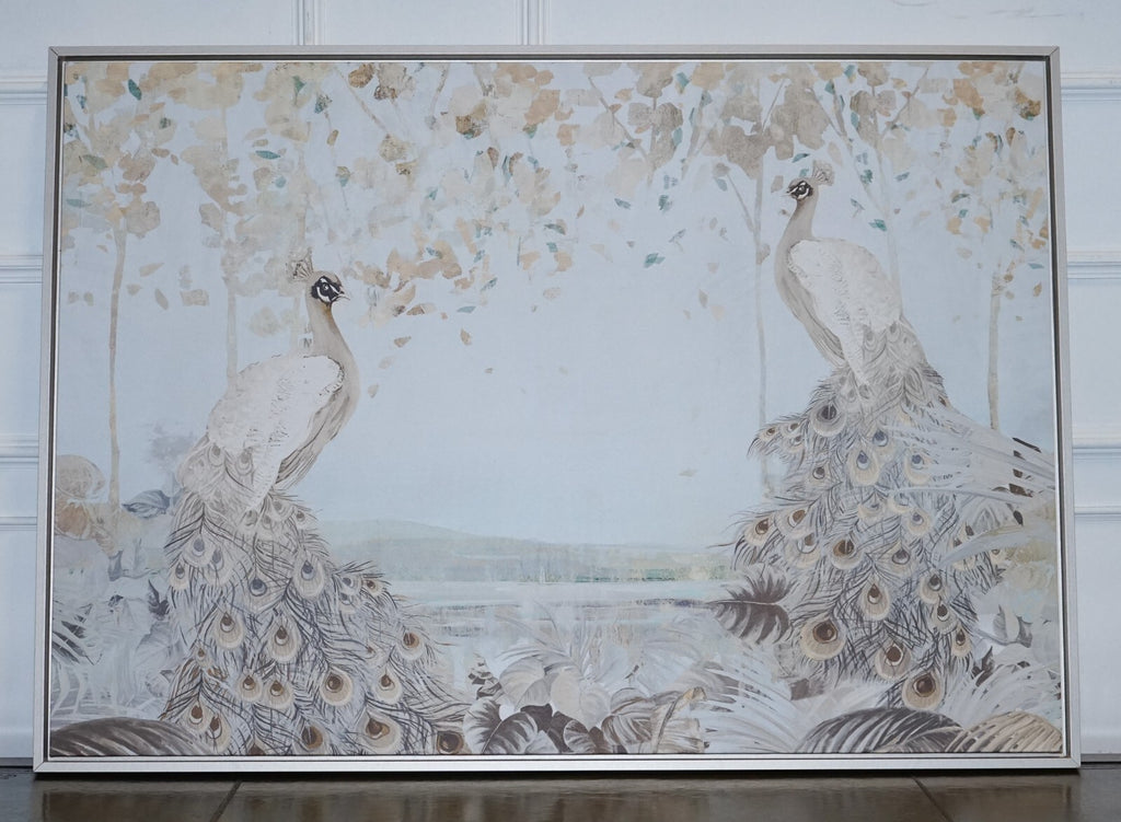 LOVELY SPLENDER FOREST TWO PEACOCKS FRAMED CANVAS ART PRINT