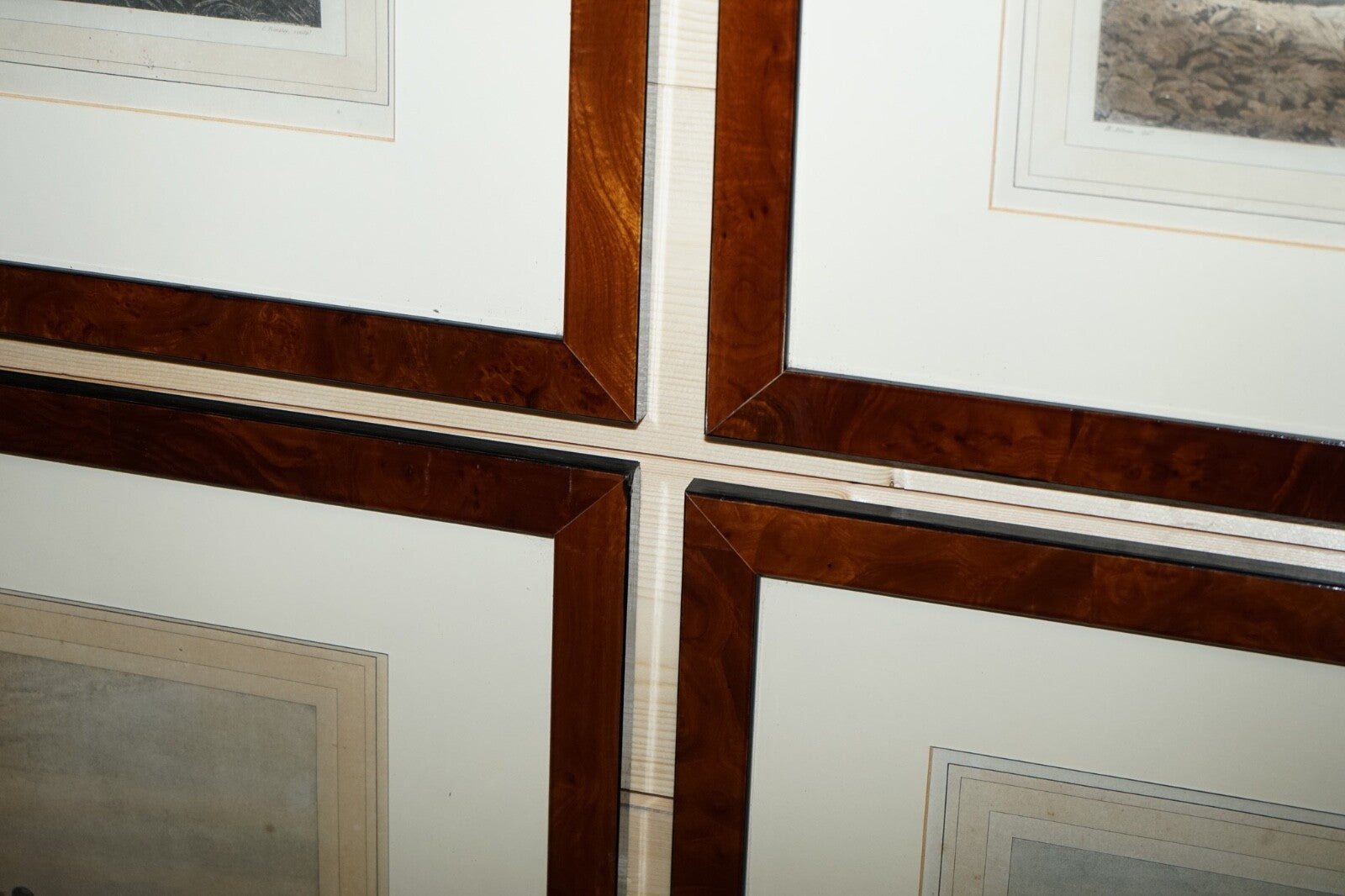 SET OF FOUR PRINTS BURR WALNUT FRAMES IN THE MANNER OF HENRY THOMAS ALKEN