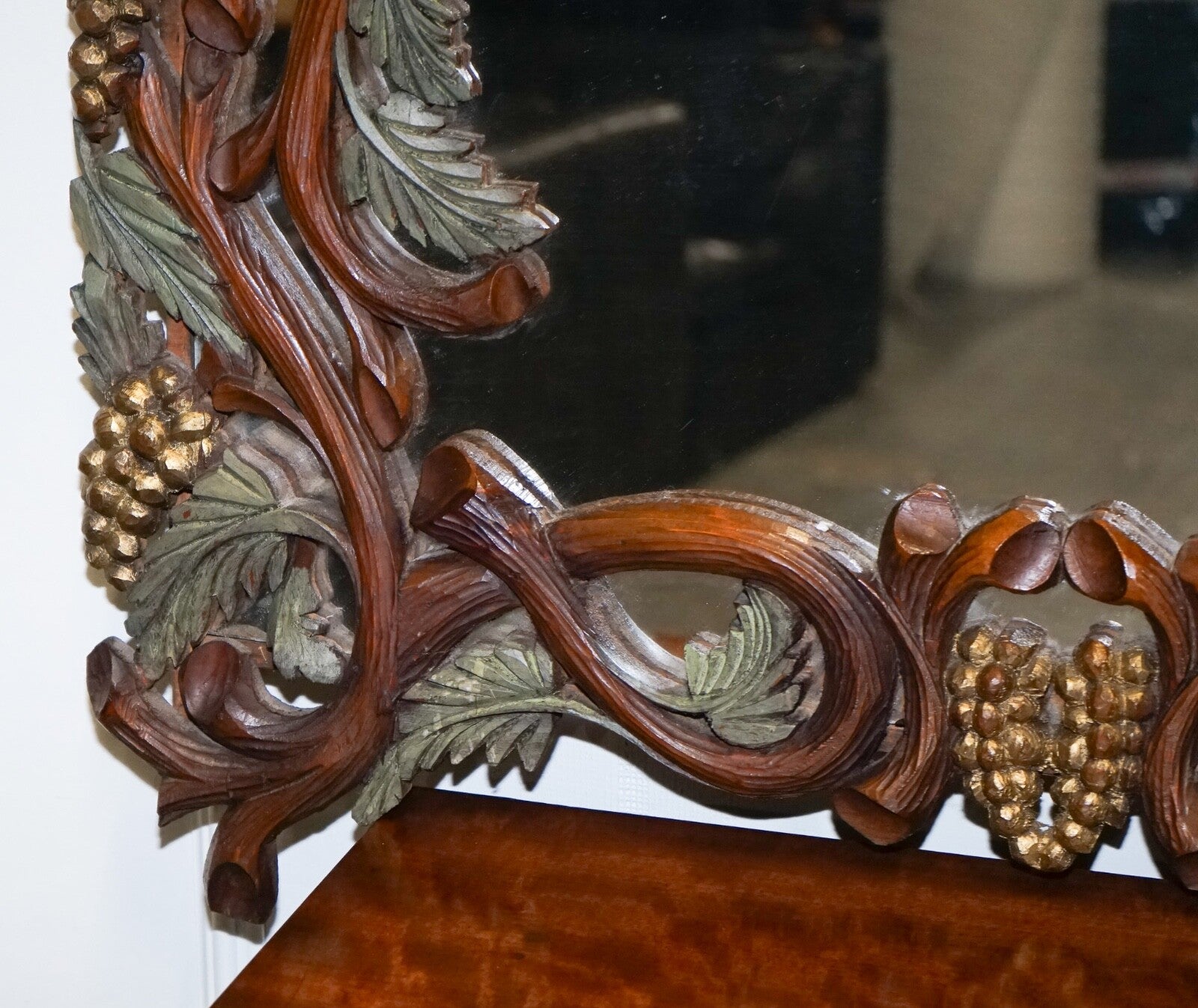 VINTAGE BLACK FORREST STYLE HEAVILY CARVED WOODEN WALL MIRROR VERY DECORATIVE
