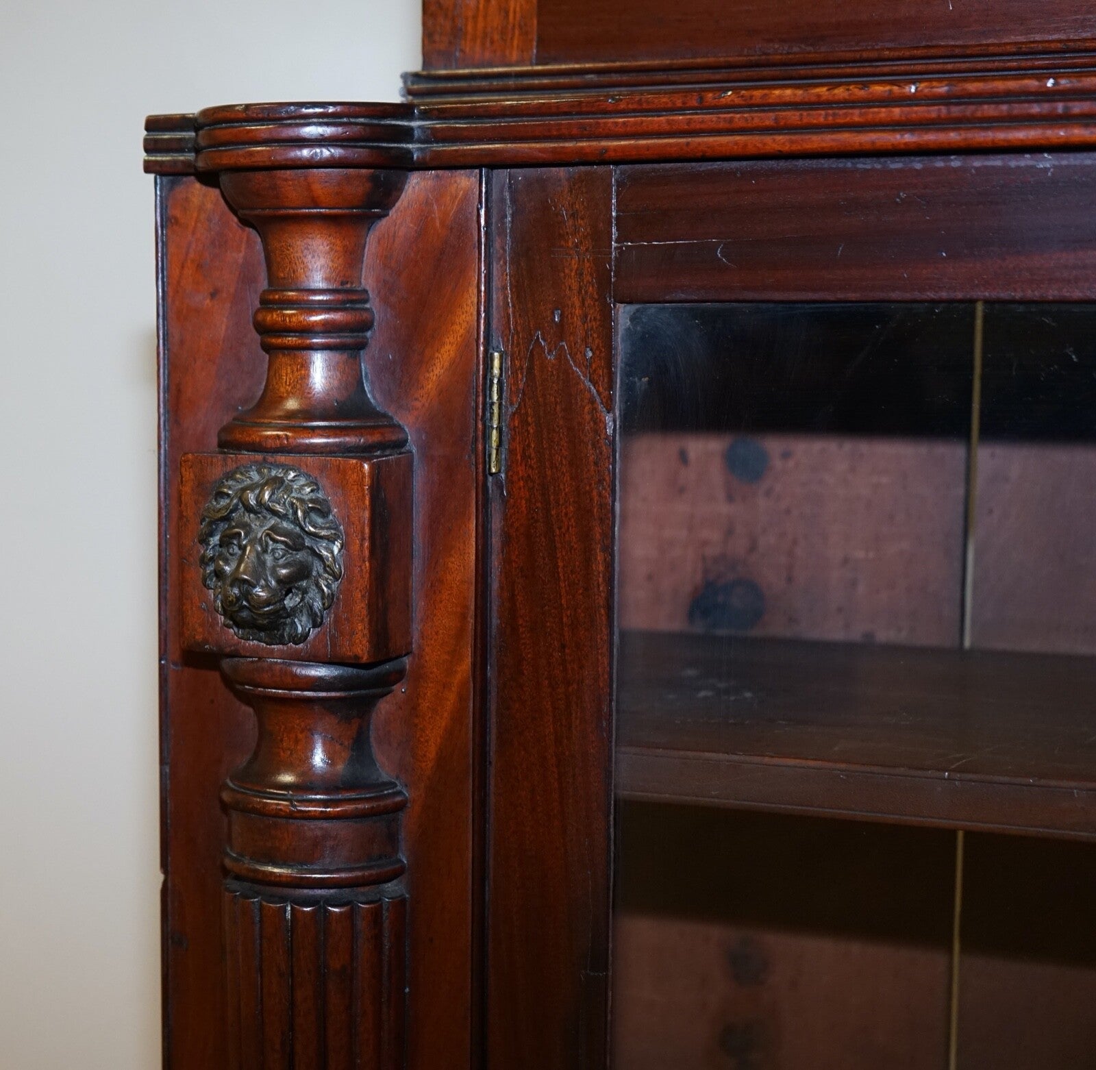 VICTORIAN MAHOGANY BOOKCASE WITH LION MASK CLAW FEET GLAZED DOORS