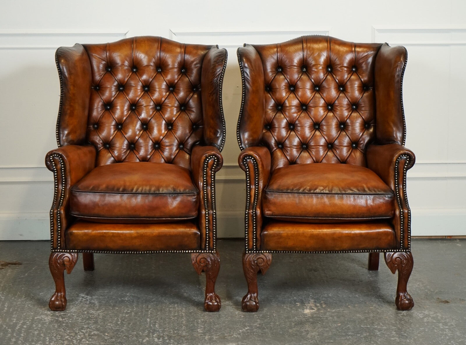 RESTORED PAIR OF HAND DYED BROWN LEATHER CHESTERFiELD WINGBACK ARMCHAIRS