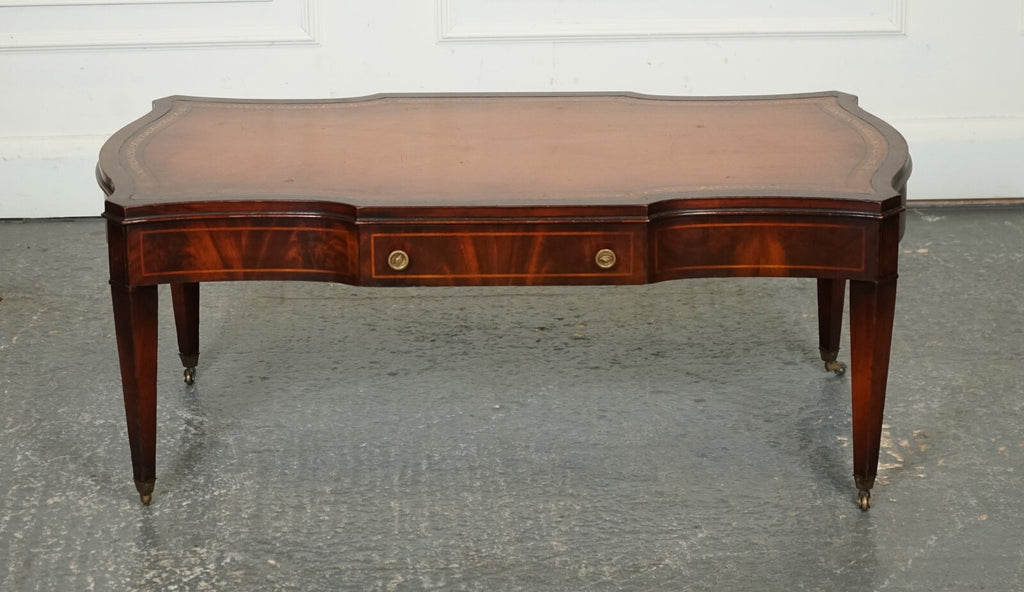 VINTAGE HEIRLOOM WEIMAN BROWN LEATHER TOP COFFEE TABLE
