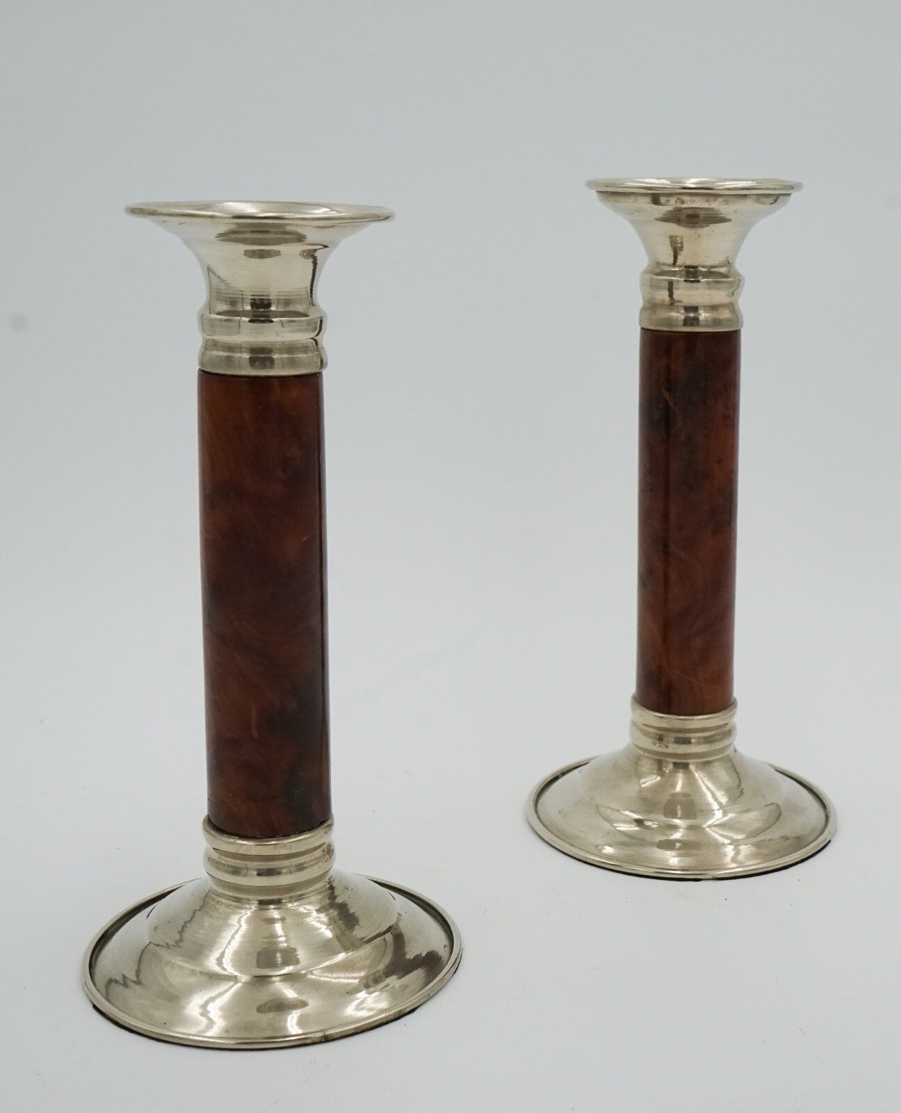 PAIR OF LOVELY DECORATIVE ART DECO BURR WALNUT CANDLESTICKS