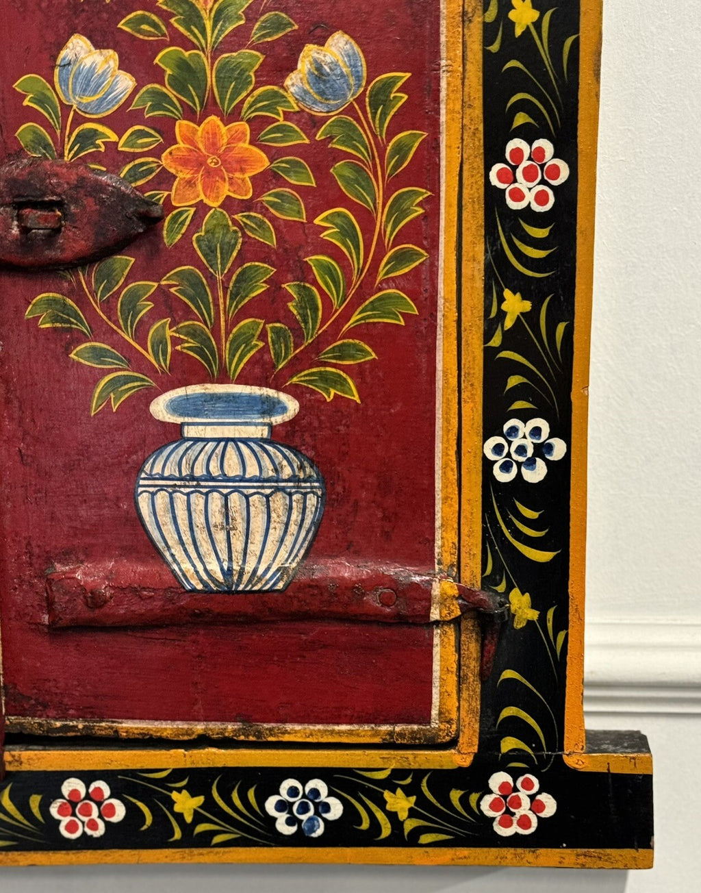 OLD INDiAN PAINTED WOOD WINDOW FRAME FLOWER AND VASE