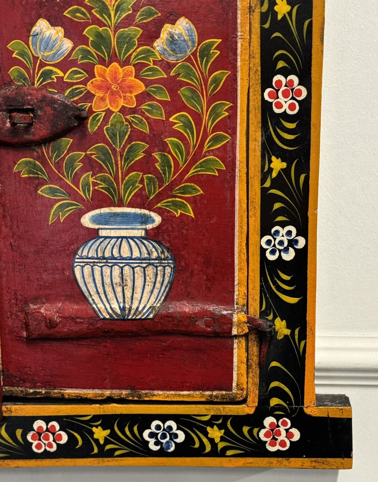 OLD INDiAN PAINTED WOOD WINDOW FRAME FLOWER AND VASE