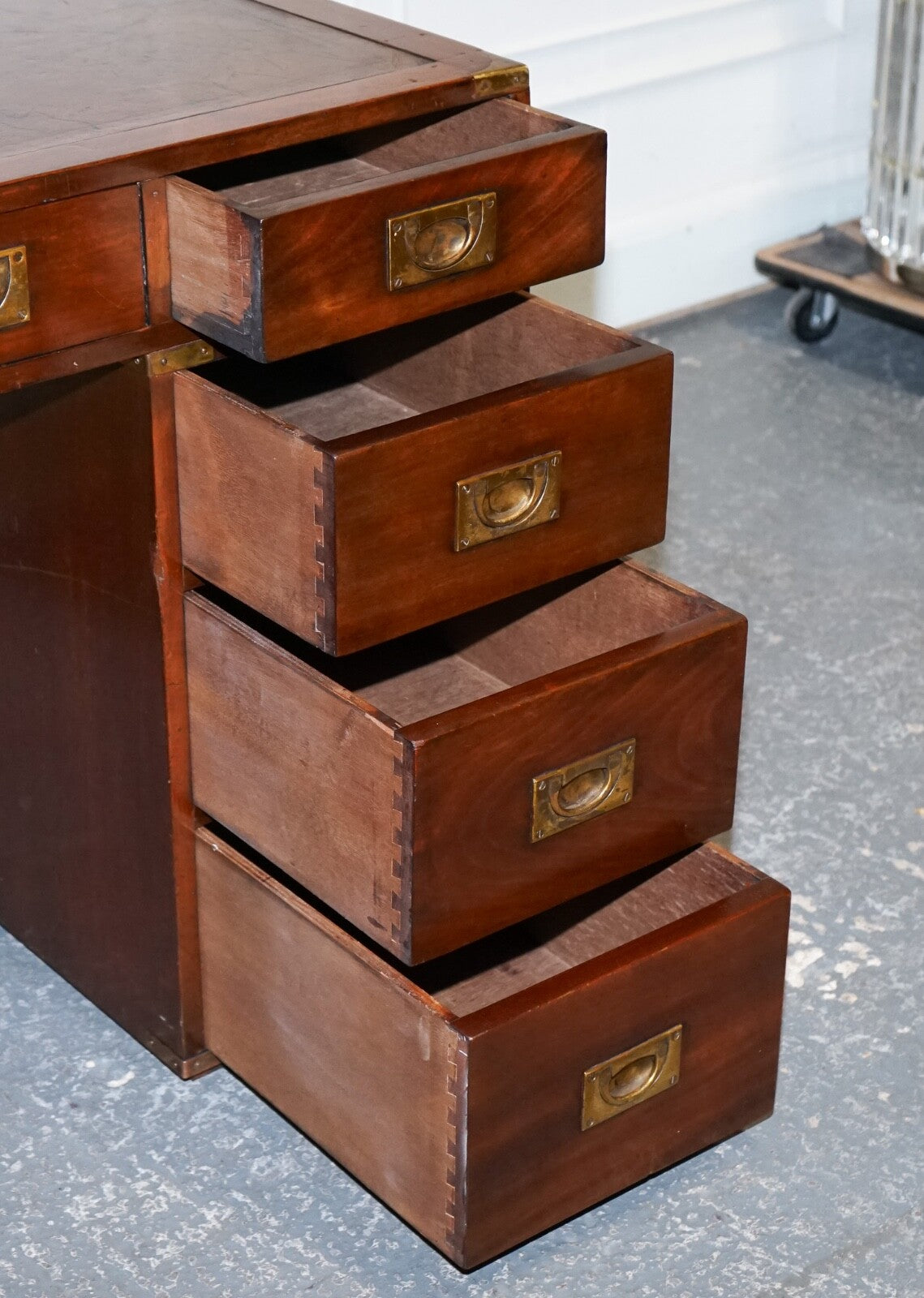 FULLY RESTORED BEVAN FUNNELL MILITARY CAMPAIGN TWIN PEDESTAL DESK BROWN LEATHER