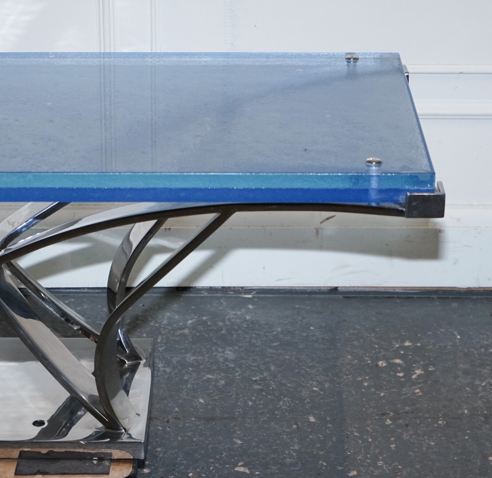 RARE CUSTOM HAND MADE GLASS MARINE GRADE STAINLESS STEEL COFFEE TABLE BY SOLIART
