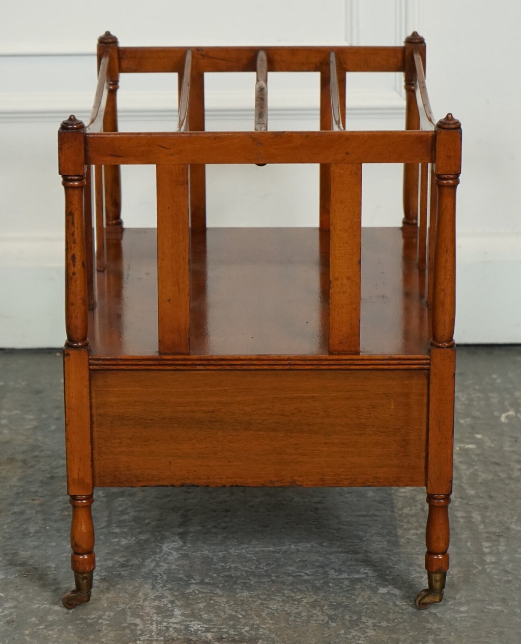 VINTAGE WALNUT CANTERBURY NEWSPAPER RACK WITH BRASS HANDLES J1