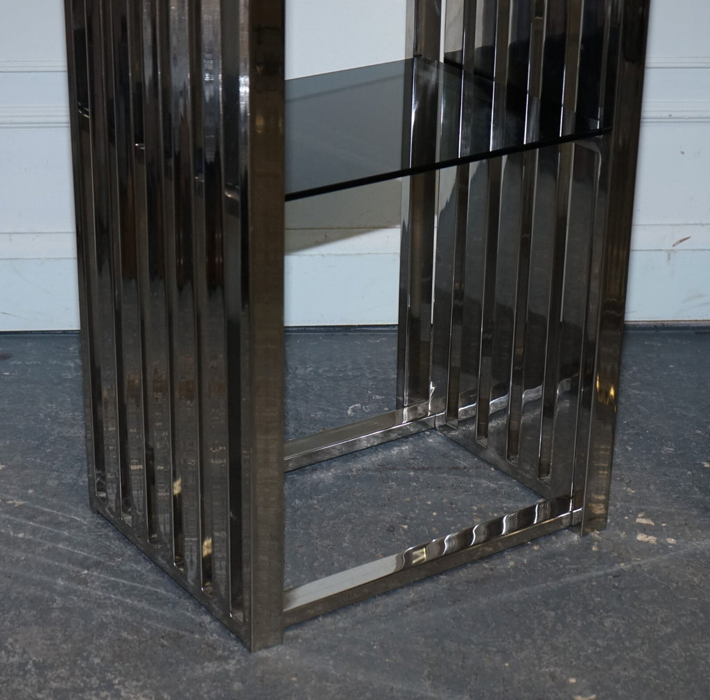 STUNNING CASA PADRINO STAINLESS STEEL PAIR OF BOOKCASES AND SMOKED GLASS SHELFS