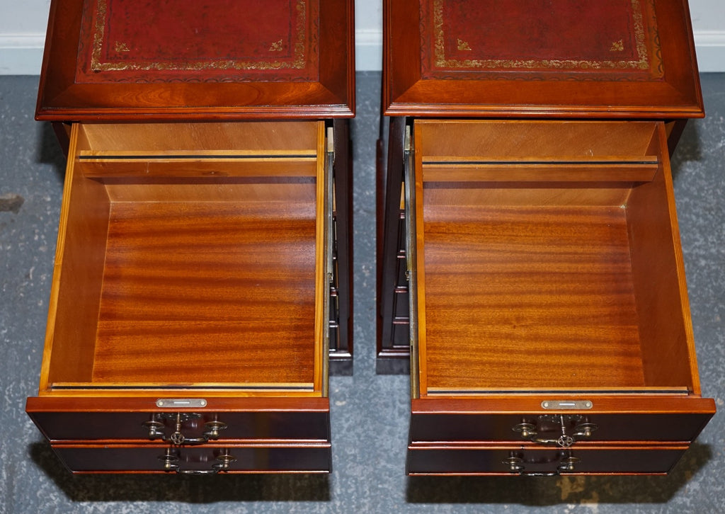 PAIR OF FILLING CABINETS BURGUNDY LEATHER GOLD EMBOSSED TOP 3 SPACIOUS DRAWERS