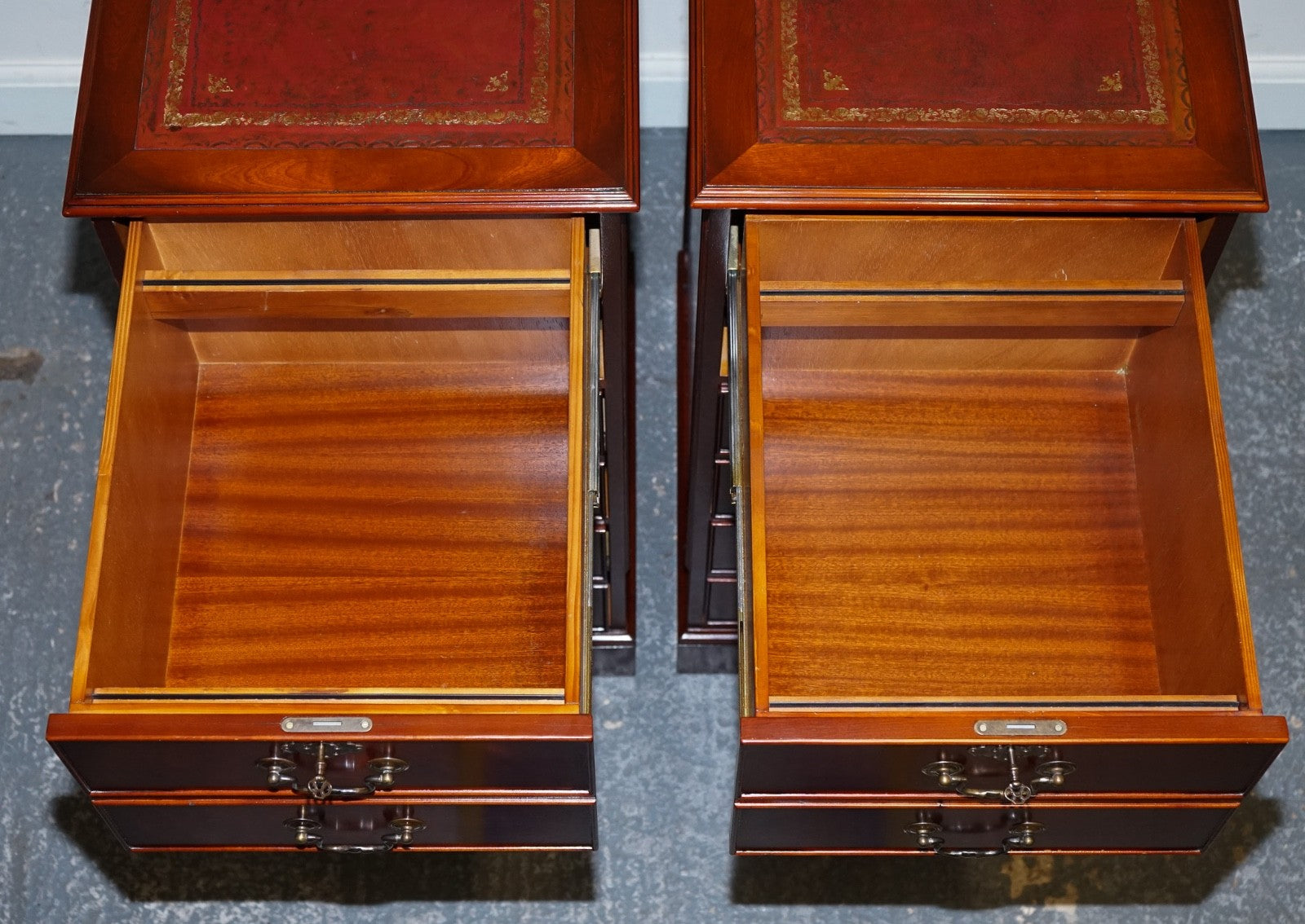 PAIR OF FILLING CABINETS BURGUNDY LEATHER GOLD EMBOSSED TOP 3 SPACIOUS DRAWERS