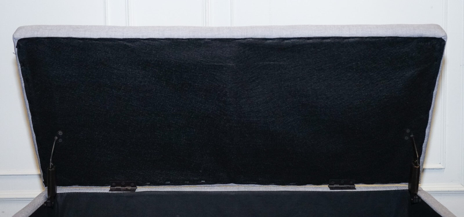 LOVELY VINTAGE GREY TAUPE FABRIC OTTOMAN WITH STORAGE SPACE RAISED ON X FRAME