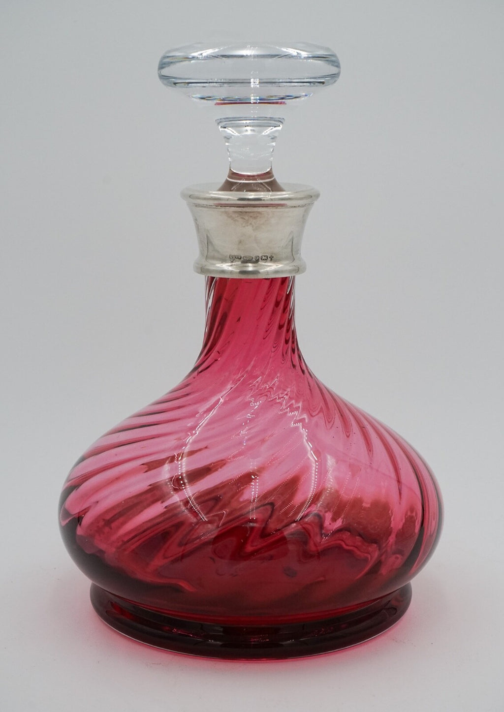 SILVER COLLARED HAND BLOWN CRANBERRY CRYSTAL DECANTER HARDWICKE COLLECTION