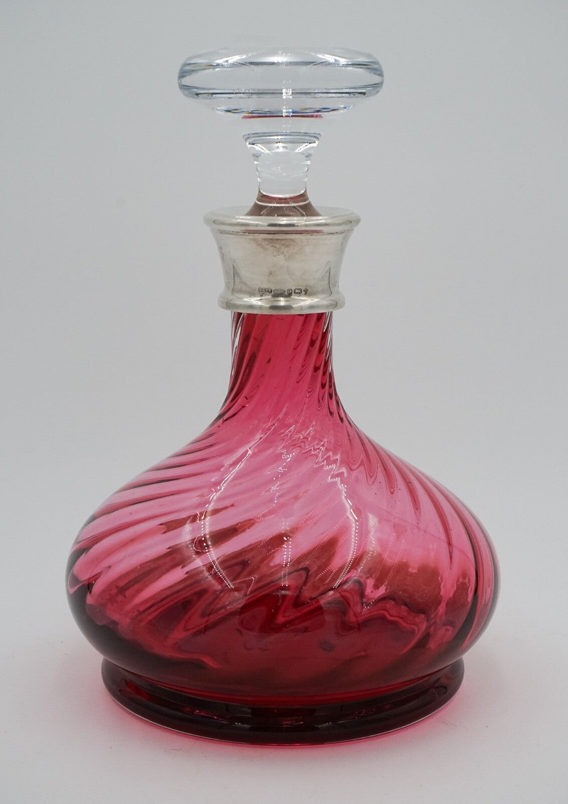 SILVER COLLARED HAND BLOWN CRANBERRY CRYSTAL DECANTER HARDWICKE COLLECTION