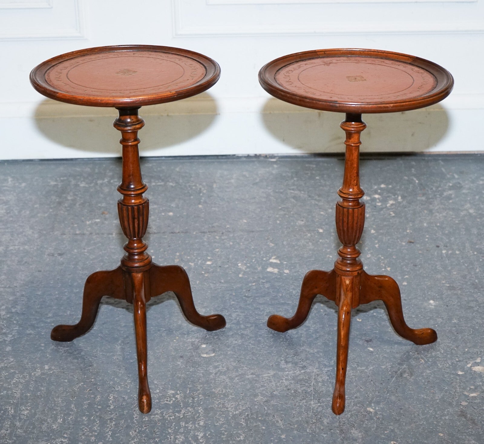 ANTIQUE 1920's MATCHED BROWN LEATHER TOP PAIR OF WINE END SIDE TABLE TRIPOD BASE