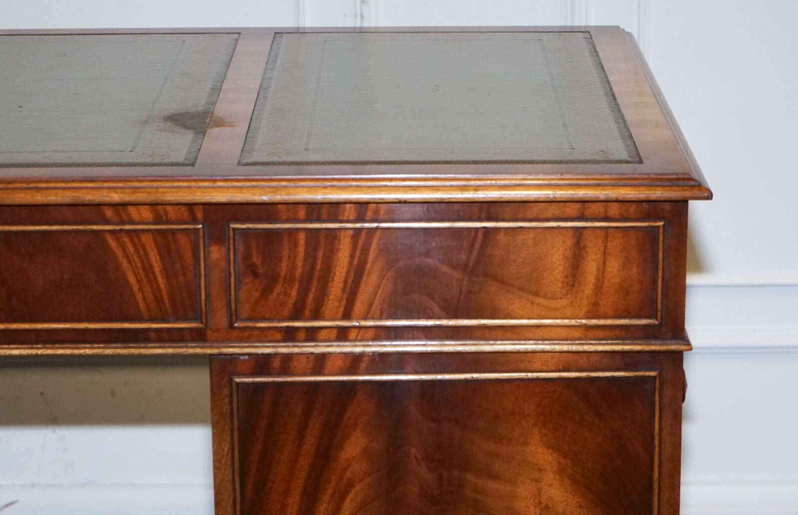 VINTAGE BEVAN FUNNELL SAGE BLUE GOLD EMBOSSED LEATHER TOP PEDESTAL DESK