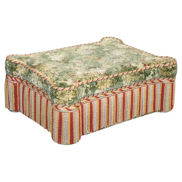 VINTAGE GREAT HARDWICKE TAPESTRY FABRIC OTTOMAN WITH TASSELS AND FRINGE