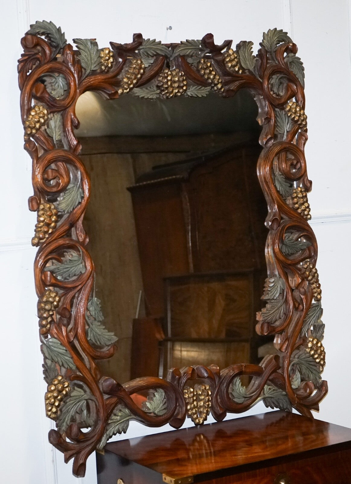 VINTAGE BLACK FORREST STYLE HEAVILY CARVED WOODEN WALL MIRROR VERY DECORATIVE