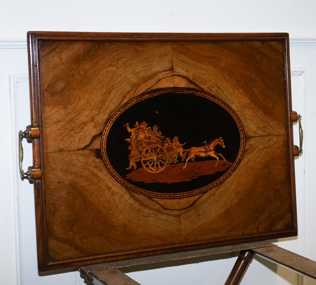 VICTORIAN DOUBLE SIDED SERVING TRAY ON BAMBOO STAND BRASS HANDLES MARQUETRY TOP