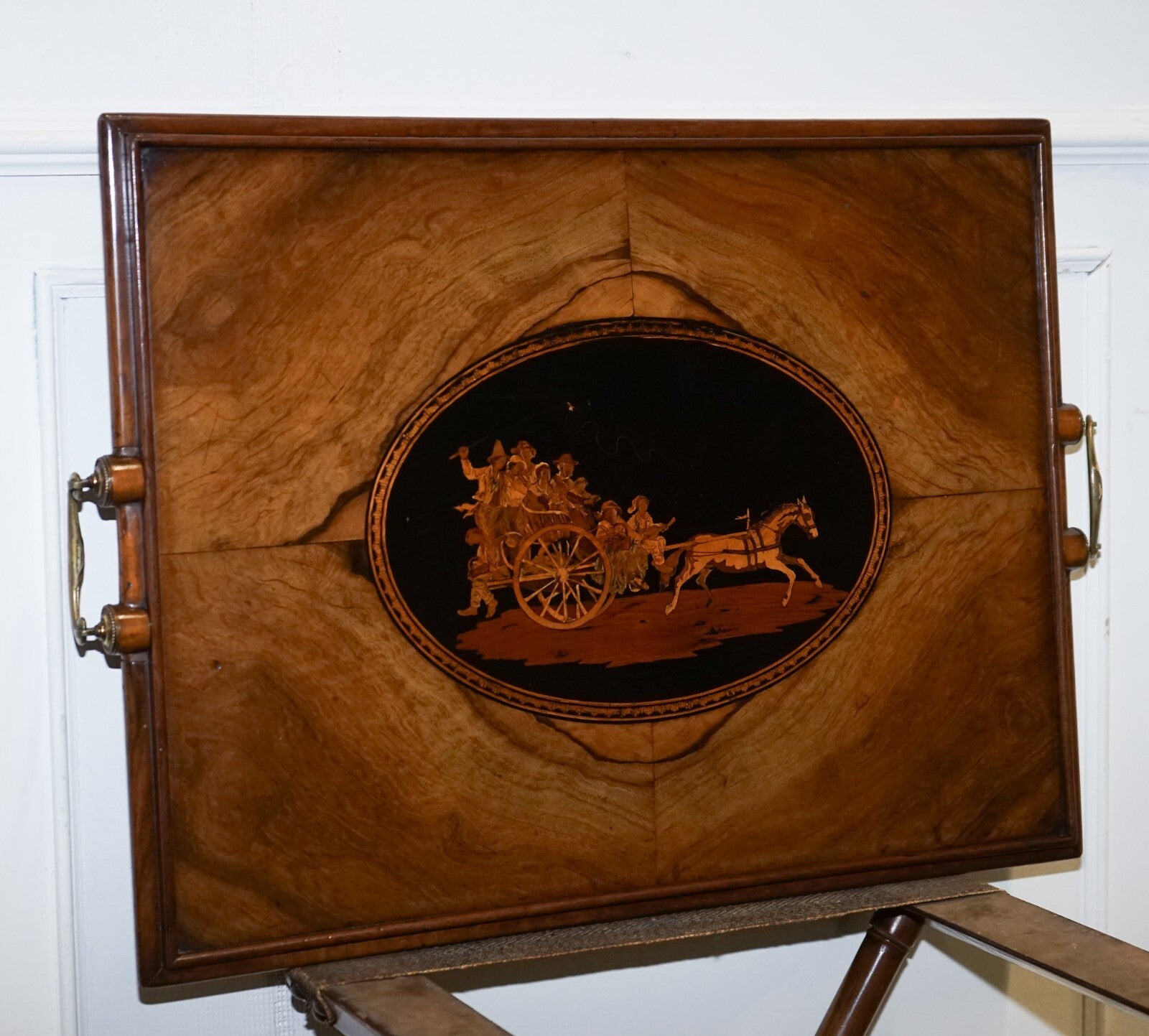 VICTORIAN DOUBLE SIDED SERVING TRAY ON BAMBOO STAND BRASS HANDLES MARQUETRY TOP