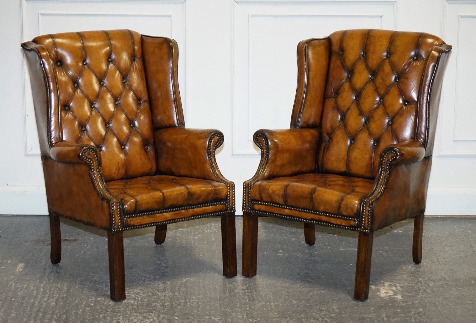 STUNNING 1960'S HAND DYED BROWN LEATHER CHESTERFIELD WINGBACK ARMCHAIRS