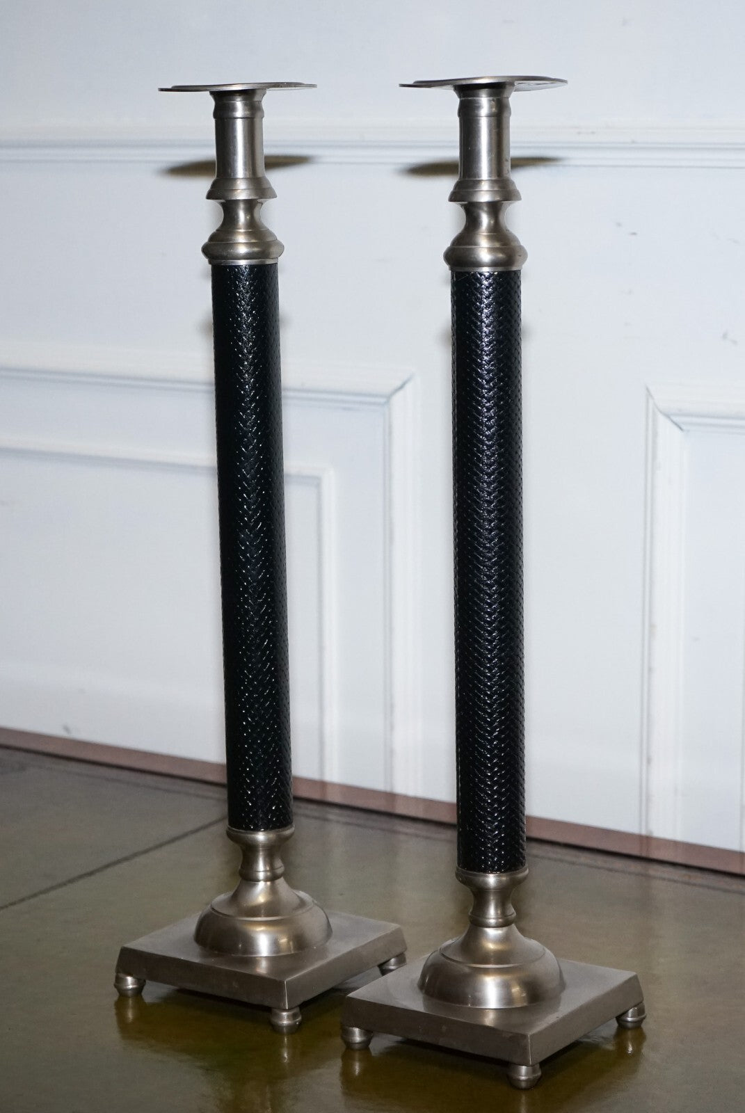 PAIR OF SILVER STAINLESS STEEL & BLACK RALPH LAUREN STYLE CANDLEHOLDERS