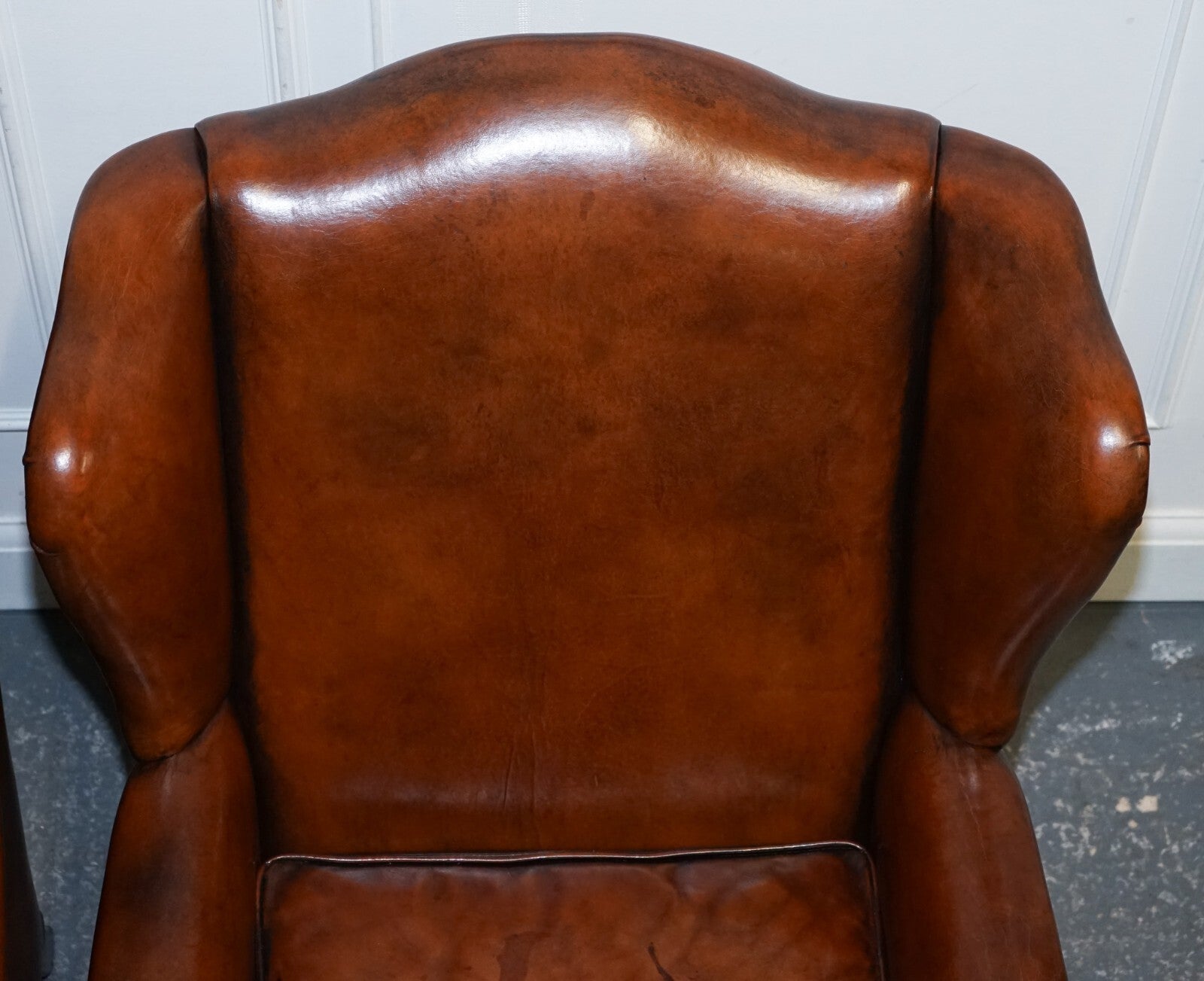 ANTIQUE PAIR OF DUTCH HAND DYED BROWN CATTLE LEATHER WINGBACK ARMCHAIRS