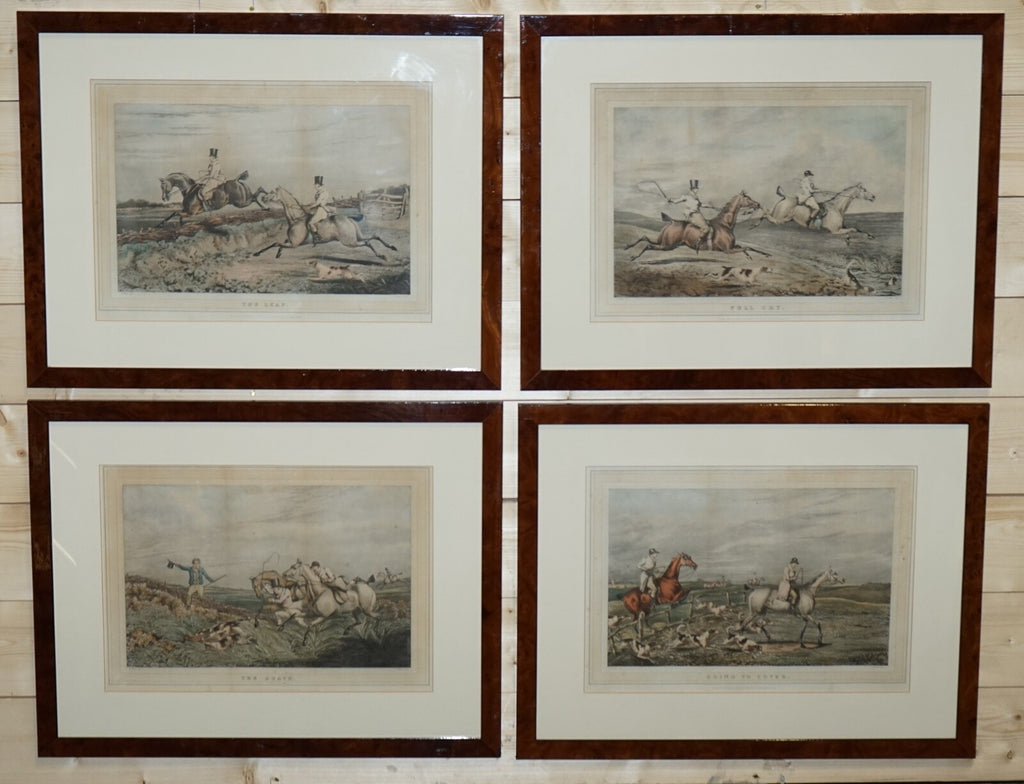 SET OF FOUR PRINTS BURR WALNUT FRAMES IN THE MANNER OF HENRY THOMAS ALKEN