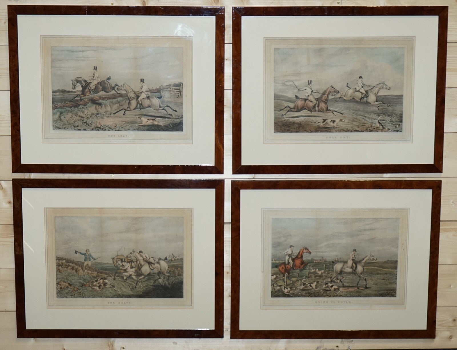 SET OF FOUR PRINTS BURR WALNUT FRAMES IN THE MANNER OF HENRY THOMAS ALKEN
