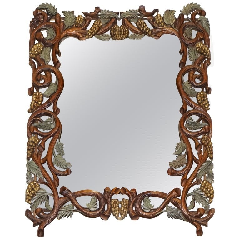 VINTAGE BLACK FORREST STYLE HEAVILY CARVED WOODEN WALL MIRROR VERY DECORATIVE