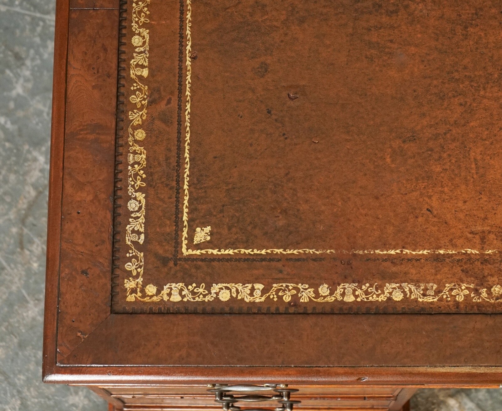 VINTAGE BURR WALNUT TWIN PEDESTAL BROWN LEATHER TOP DESK GOLD EMBOSSED TOOLING