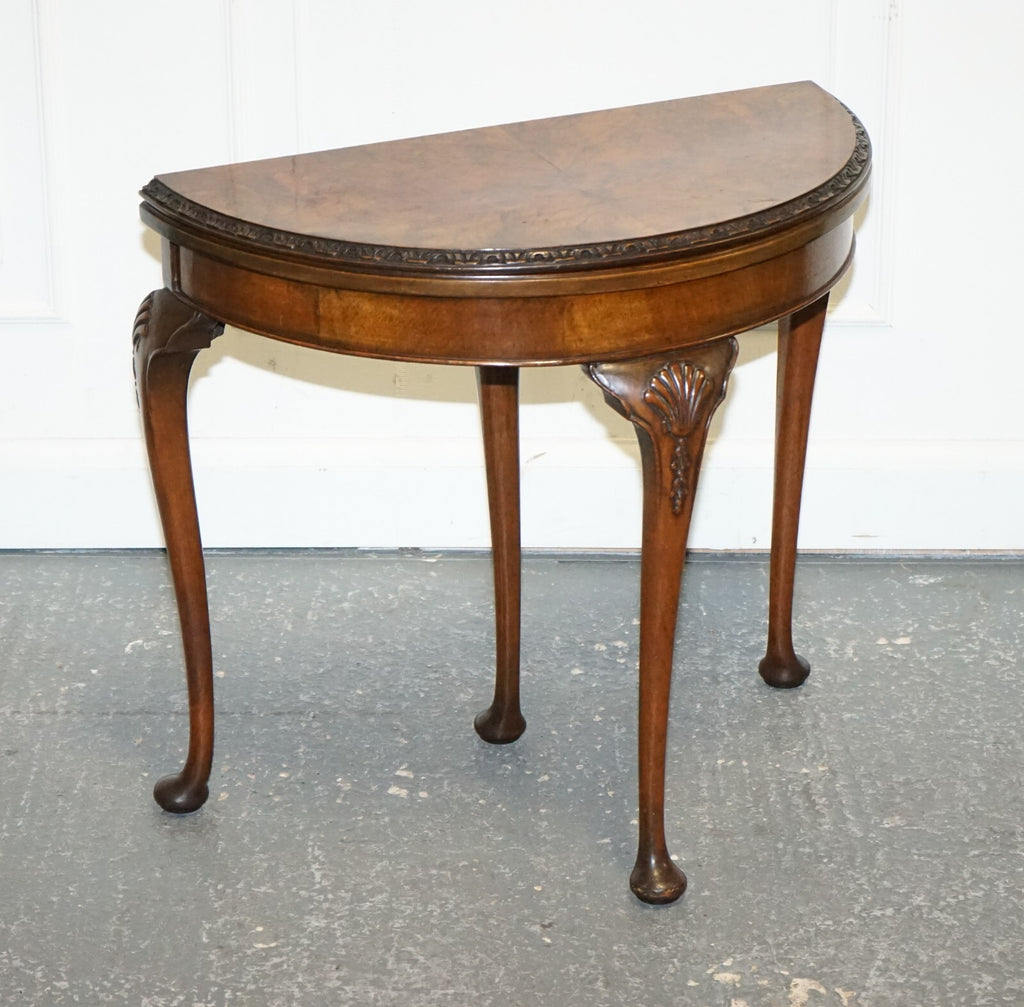 ANTIQUE BURR WALNUT DEMI LUNE CARD GAMES SIDE OCCASIONAL TABLE