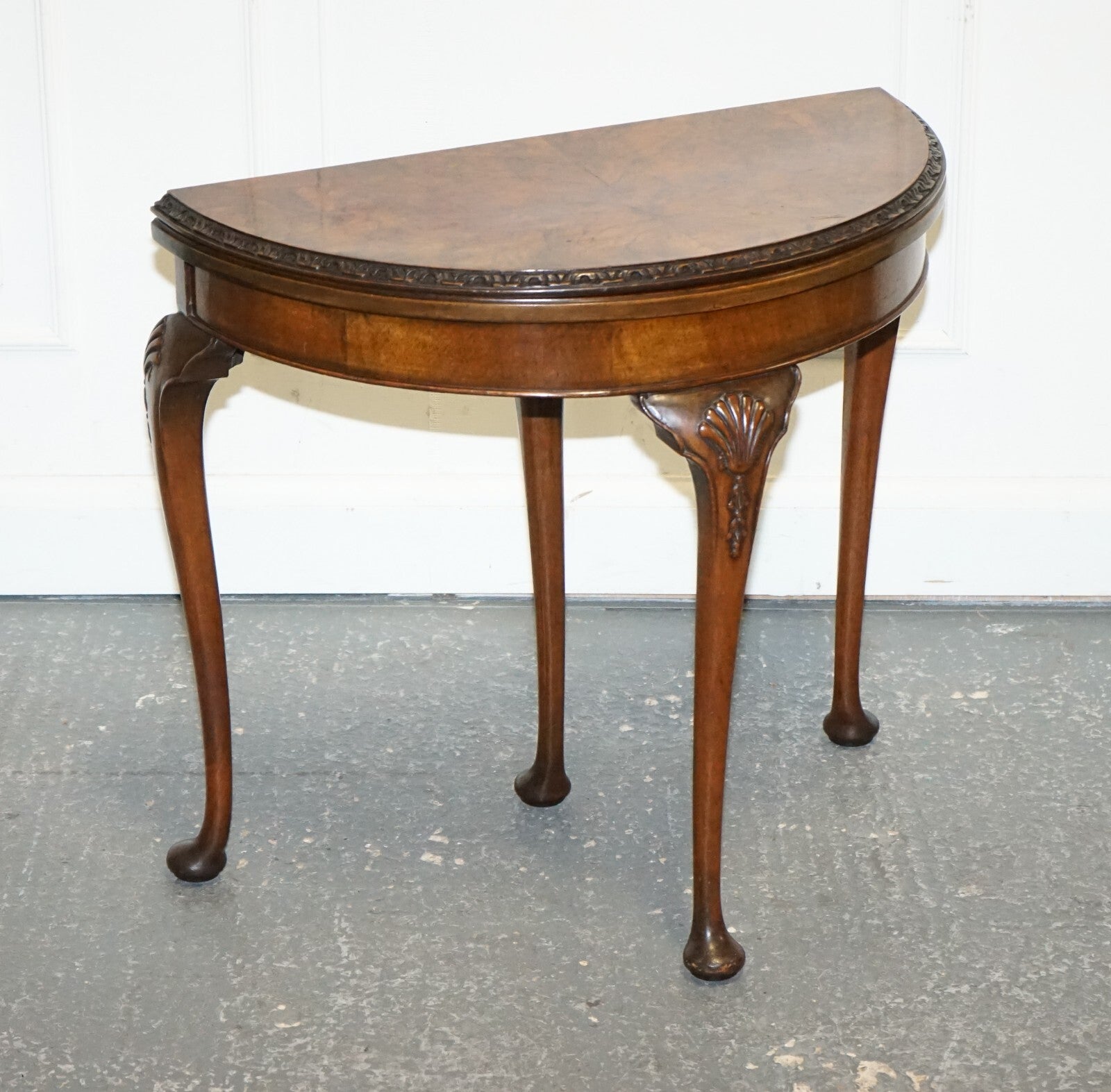 ANTIQUE BURR WALNUT DEMI LUNE CARD GAMES SIDE OCCASIONAL TABLE