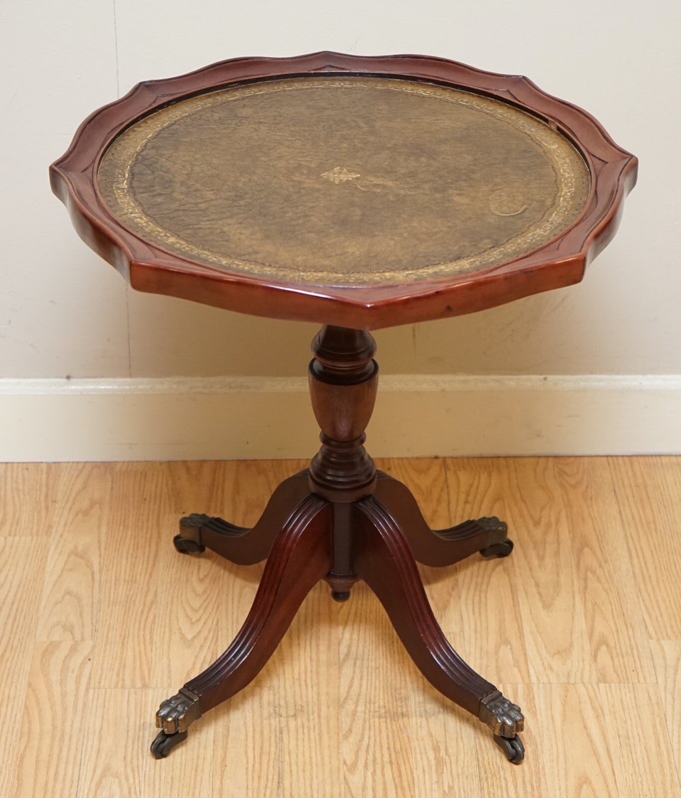 STUNNING VINTAGE BROWN LEATHER PLANT/WINE TRIPOD STAND ON PAW FEET WITH CASTORS