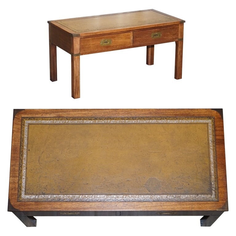 HARRODS LONDON KENNEDY MILITARY CAMPAIGN COFFEE TABLE WITH BROWN LEATHER TOP