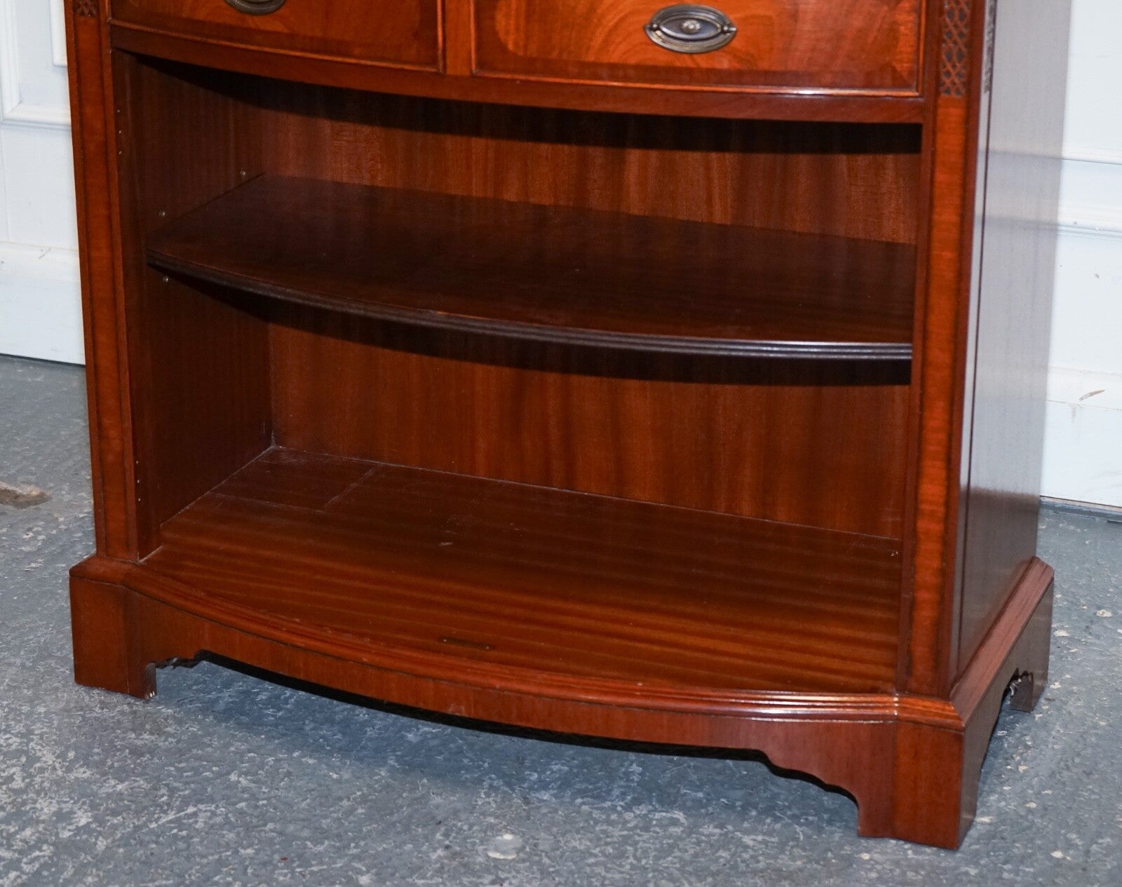VINTAGE SERPENTINE BOW FRONT DWARF OPEN BOOKCASE WITH TWO DRAWERS BY WADE
