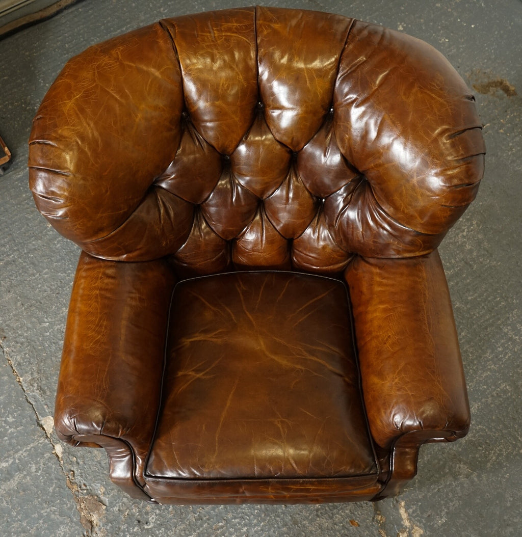 FULLY RESTORED HAND DYED LEATHER WRITERS READING ARMCHAIR WITH FOOTSTOOL
