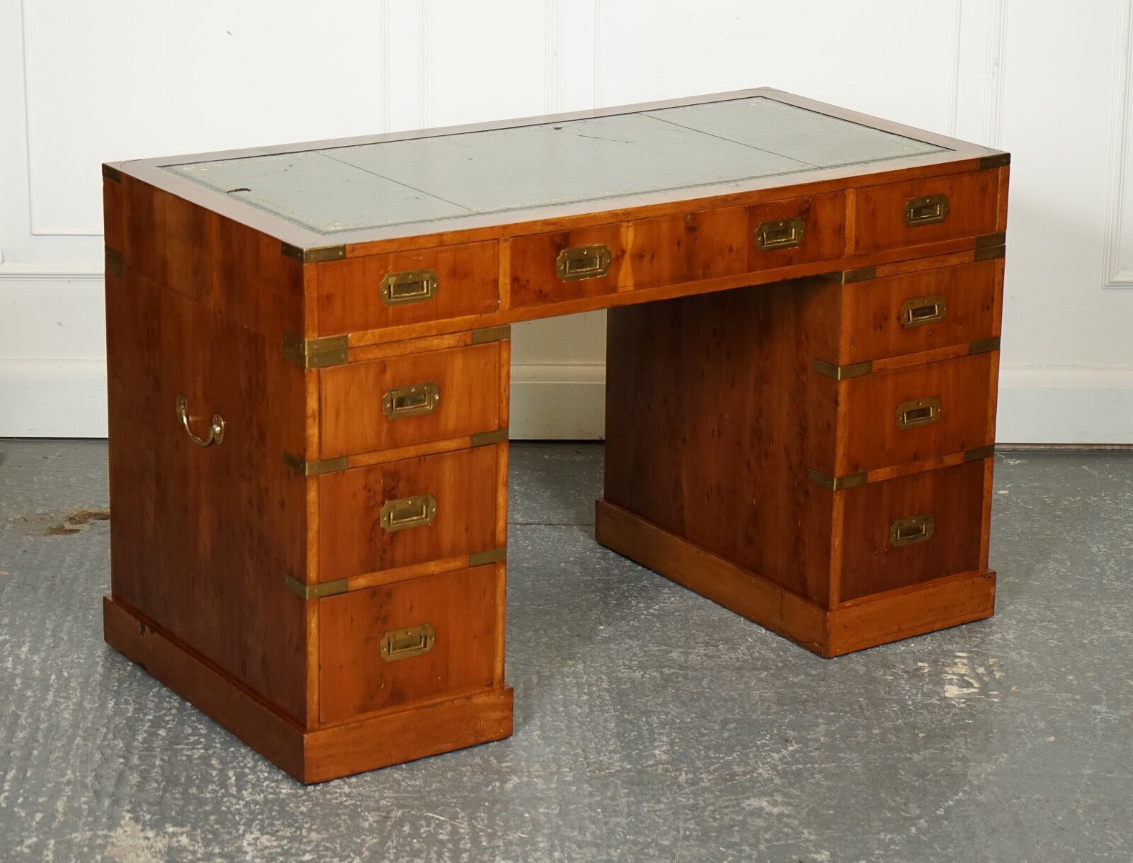 VINTAGE BURR YEW CAMPAIGN MILITARY GREEN LEATHER TWIN PEDESTAL DESK BRASS