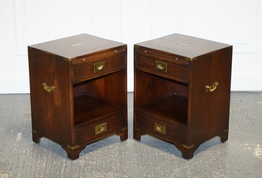 PAIR OF MILITARY CAMPAIGN BEVAN FUNELL BEDSIDE TABLES NIGHTSTANDS TWO DRAWERS