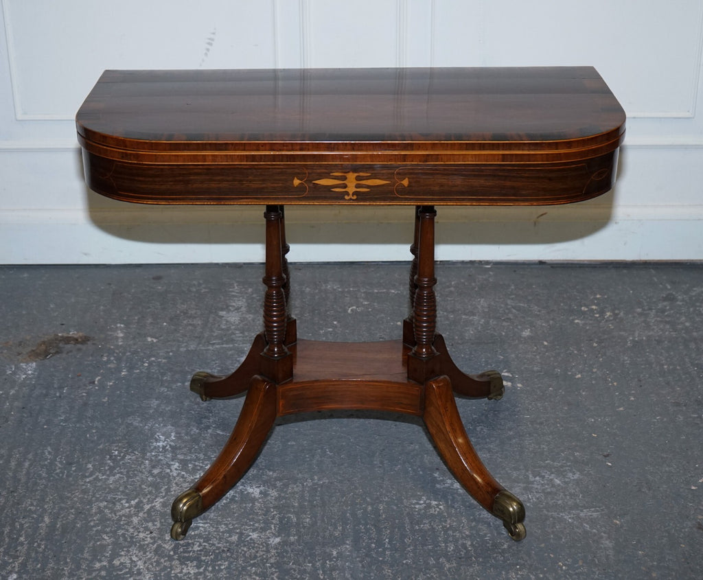 FULLY RESTORED GEORGIAN GAMES CARD FOLDING TABLE ON ORIGINAL BRASS CASTORS