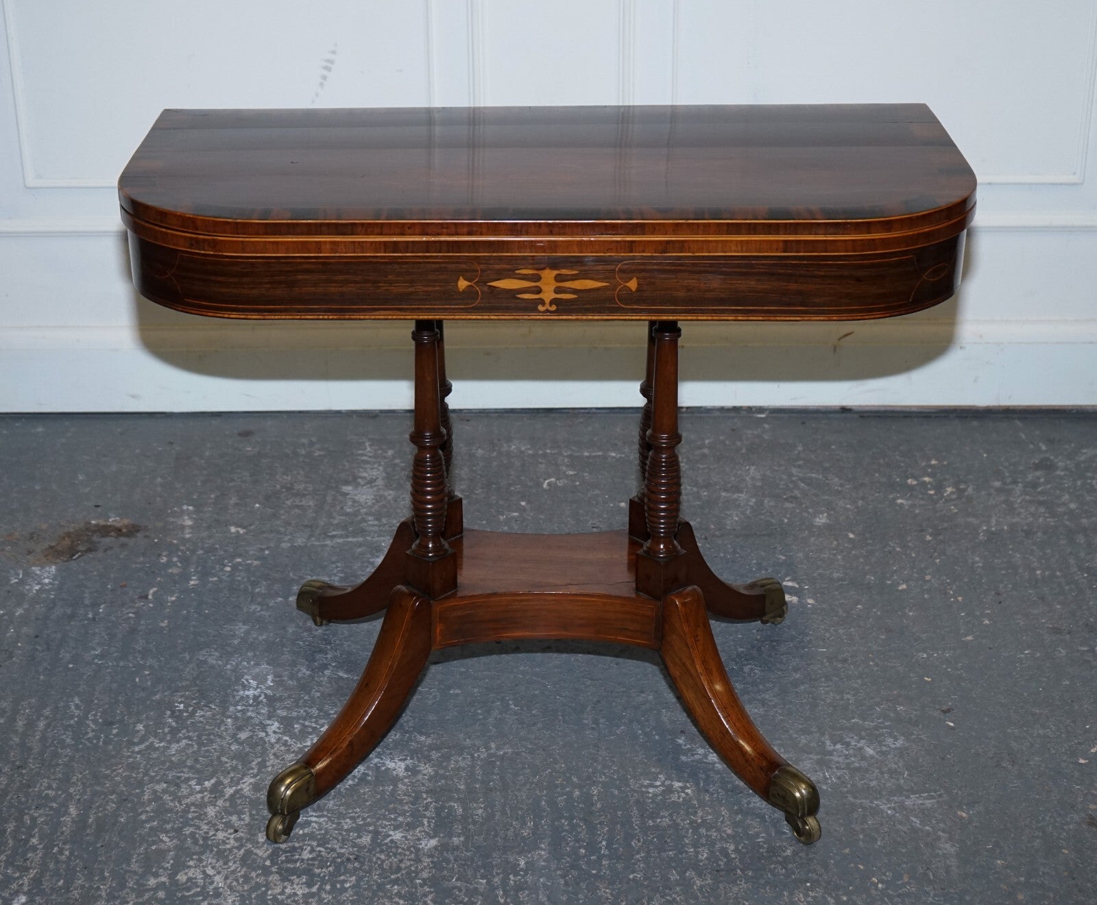 FULLY RESTORED GEORGIAN GAMES CARD FOLDING TABLE ON ORIGINAL BRASS CASTORS