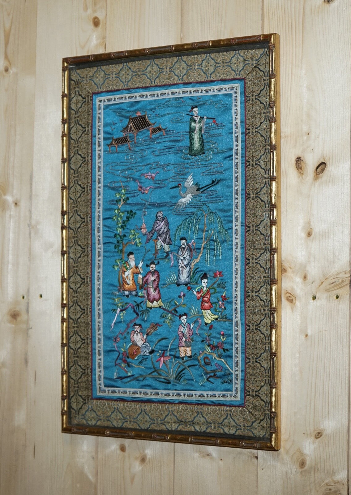 VINTAGE CHINESE HAND EMBROIDERED SILK TAPESTRY PANEL IN FAUX GILT BAMBOO FRAME