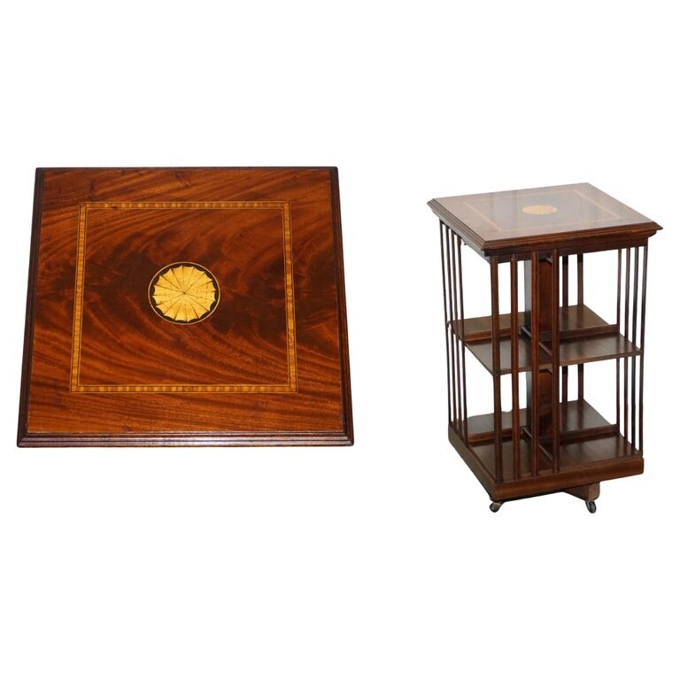 MID CENTRY SHERATON REVIVAL INLAID REVOLVING BOOKCASE END TABLE ON CASTORS