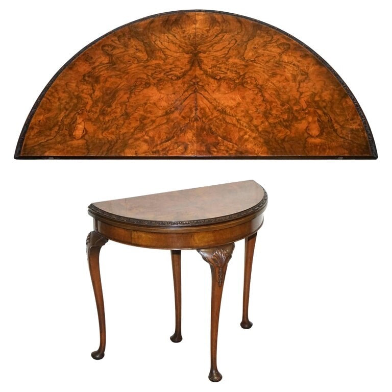 ANTIQUE BURR WALNUT DEMI LUNE CARD GAMES SIDE OCCASIONAL TABLE