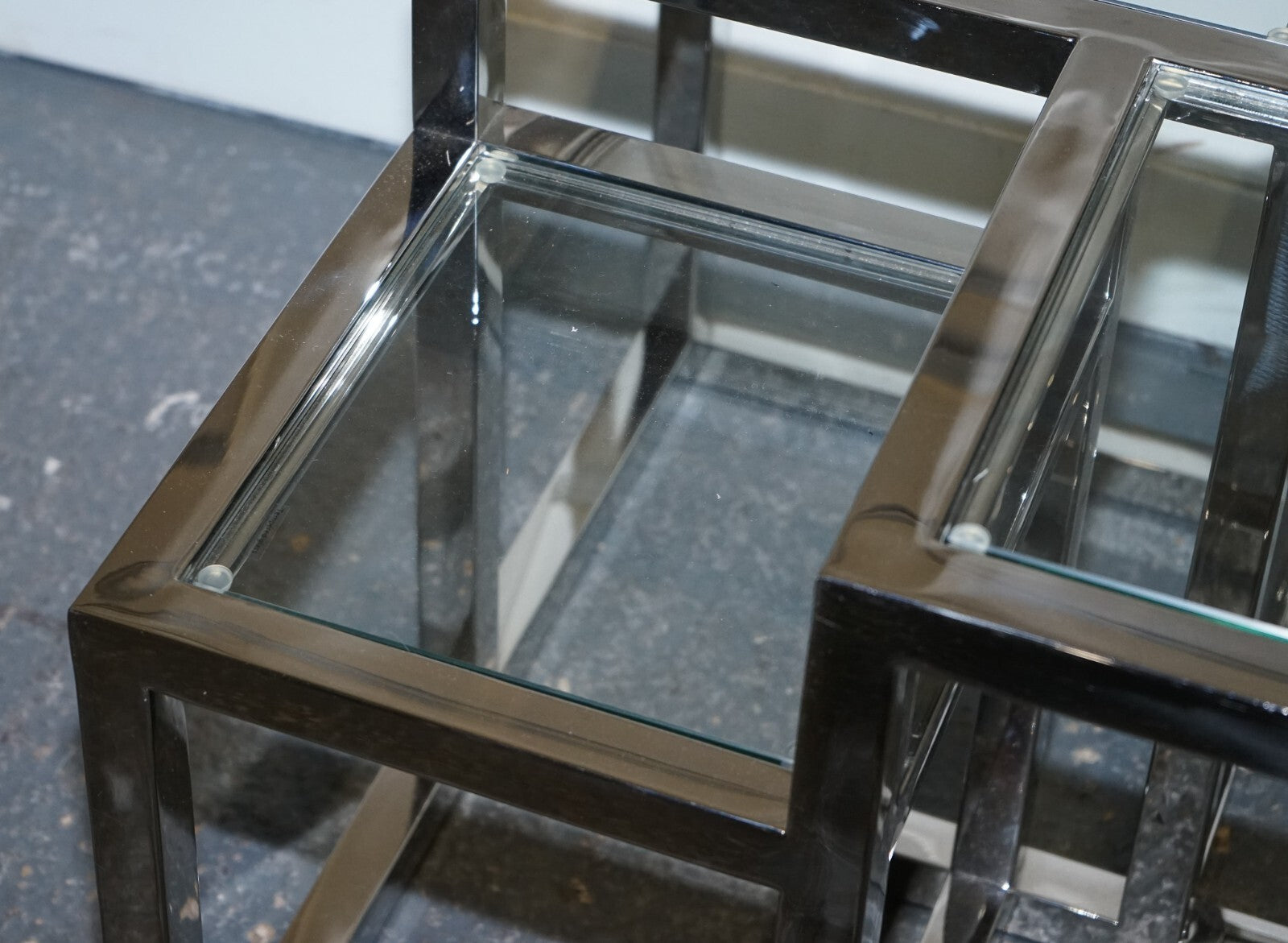 PAIR OF CASA PADRINO ART DECO STYLE GLASS POLISHED STAINLESS STEEL SIDE TABLES