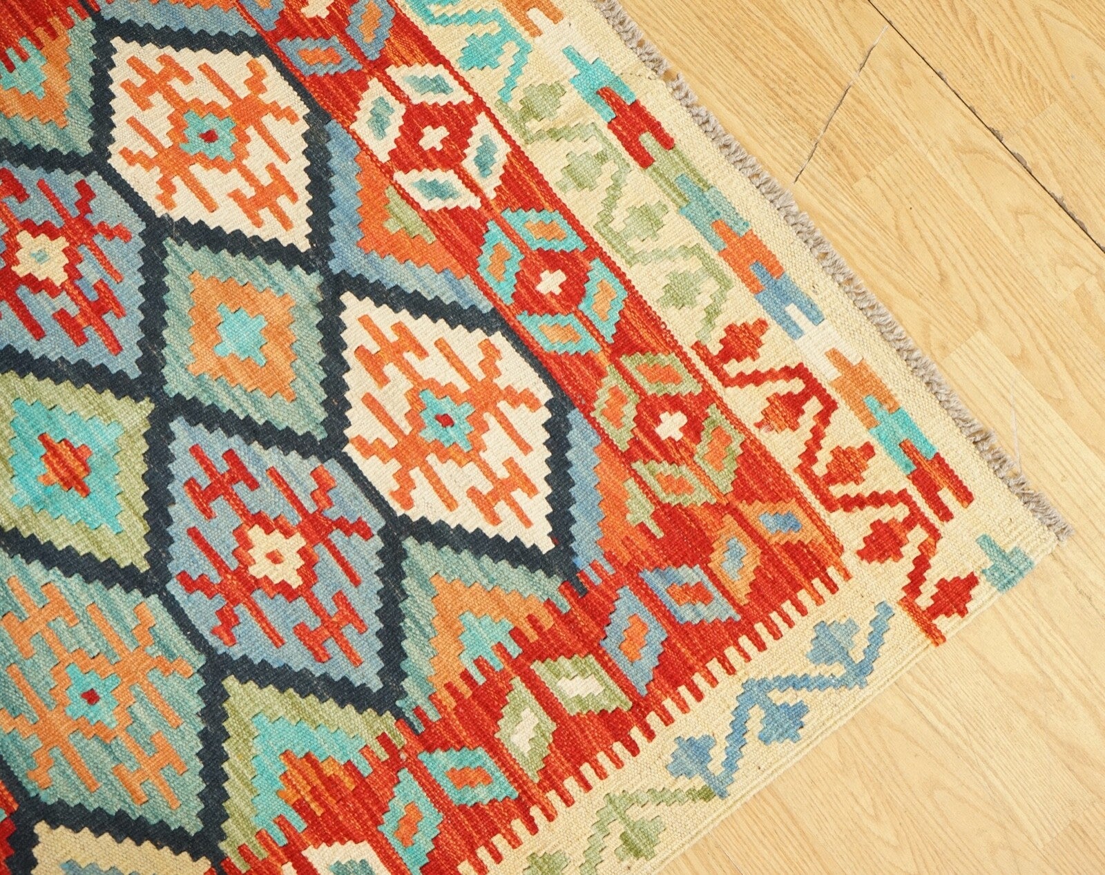 LOVELY VINTAGE GEOMETRIC KILIM AZTEC RUG